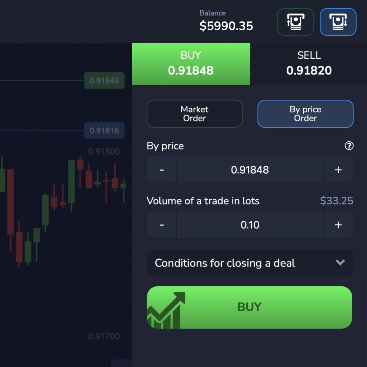 Реальные вкладки Market и приказа по цене