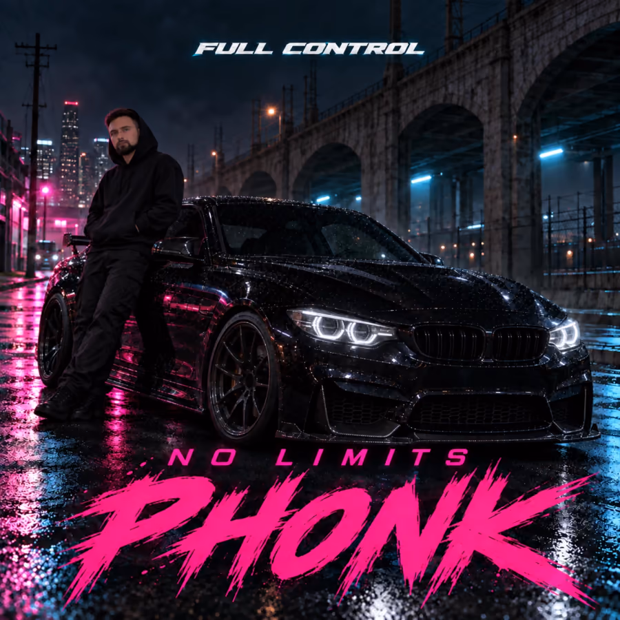 Обложка первого альбома FULL CONTROL — NO LIMITS PHONK: Руслан и чёрный BMW в ночном городе